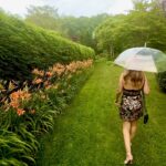 Person walking down grassy path with umbrella